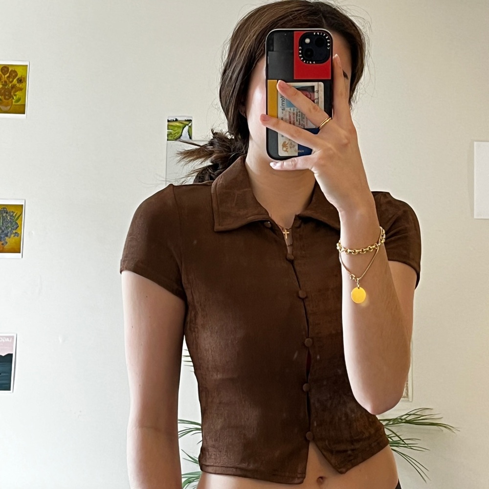 Brown Button-Up Short Sleeve Top